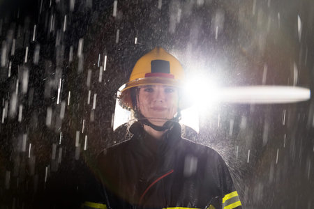 Portrait of a female firefighter standing and walking brave and optimistic.