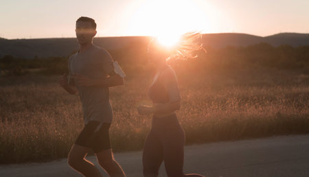 healthy young couple jogging in the city streets in the early morning with a beautiful sunrise in...