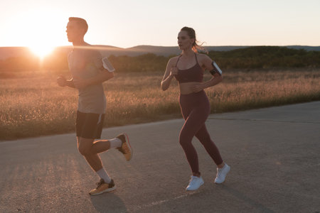 healthy young couple jogging in the city streets in the early morning with a beautiful sunrise in the background.の写真素材