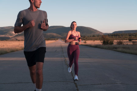 healthy young couple jogging in the city streets in the early morning with a beautiful sunrise in the background.の写真素材