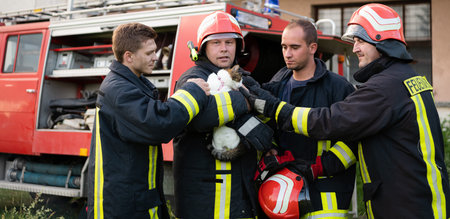 firefighters group in a protective suit and red helmet holds saved cat in his arms. Firefighter in fire fighting operation.の写真素材