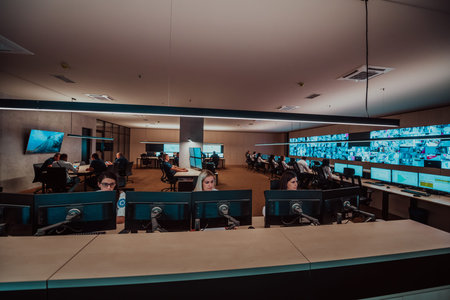 Group of Security data center operators working in a CCTV monitoring room looking on multiple...