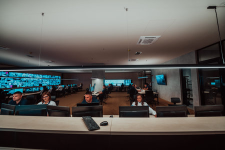 Group of Security data center operators working in a CCTV monitoring room looking on multiple...