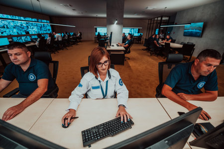Group of Security data center operators working in a CCTV monitoring room looking on multiple...