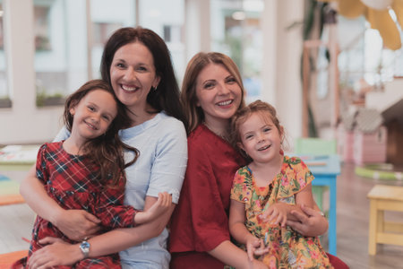 A child hugging a teacher in a modern kindergartenの写真素材