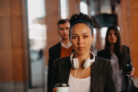 Elegant businesspeople walking in a modern city..の写真素材