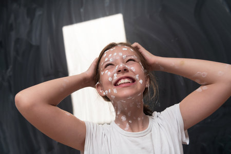 Portrait of a little school girl with chickenpox, antiseptic cream applied to face and body .Chalkboard background.の写真素材