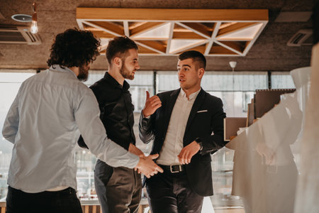 A group of young entrepreneurs on a coffee break discuss the project while using modern editing tablets, a smartphone and a laptop.Business conceptの写真素材