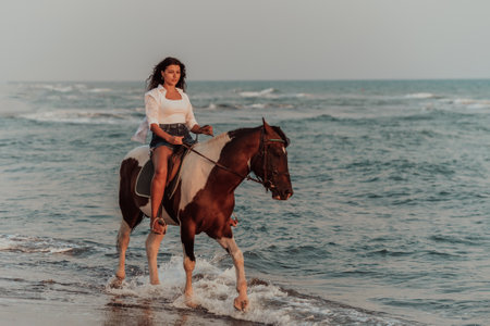 Woman in summer clothes enjoys riding a horse on a beautiful sandy beach at sunset. Selective focusの写真素材