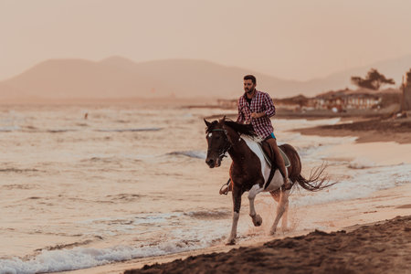 A modern man in summer clothes enjoys riding a horse on a beautiful sandy beach at sunset. Selective focusの写真素材