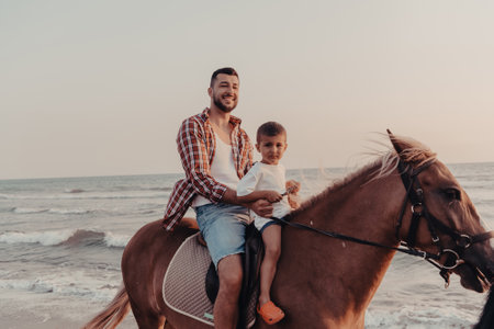 Father and son enjoy riding horses together by the sea. Selective focusの写真素材