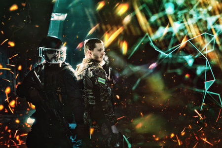 Modern warfare soldiers in dark with combat ammunition and weapons in the hands of equipped laser...