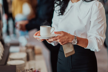 Close-up photo of businesswoman serving themselves in a modern hotel during a dinner party. Selective focusの写真素材