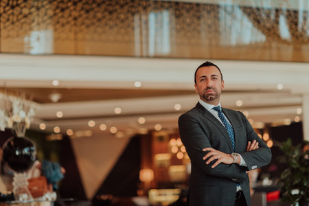 Portrait of a businessman in a suit with his arms crossed in a modern office buildingの写真素材