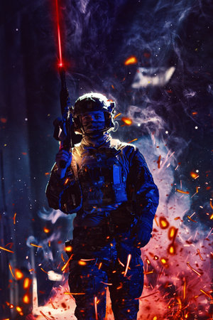 Army soldier in Combat Uniforms with an assault rifle and combat helmet night mission dark background. Blue and purple gel light effect.の写真素材