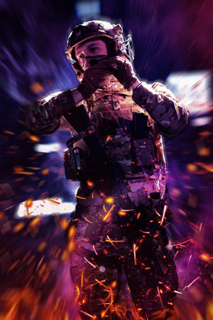 Army soldier in Combat Uniforms with an assault rifle and combat helmet night mission dark...