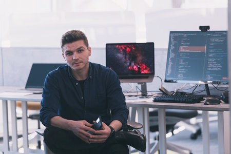 Programming. Man Working On Computer In IT Office, Sitting At Desk Writing Codes. Programmer Typing Data Code, Working On Project In Software Development Company. High Quality Image.の写真素材