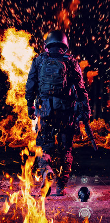 Army soldier in Combat Uniforms with an assault rifle and combat helmet night mission dark background. Blue and purple gel light effect.の写真素材