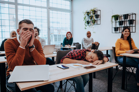 Tired woman napping on the table during a lecture in the classroomの写真素材