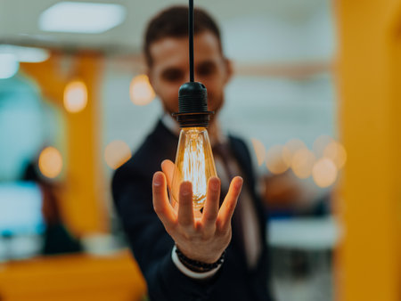Symbolic photo of a businessman holding a light bulb in his hand in a modern officeの写真素材