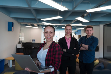 A group of young enthusiastic young business people in modern office. A business woman with a laptop...