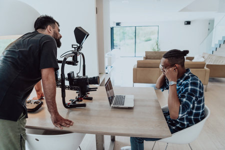 A cameraman talking with a African American man as they preparing to shoot a commercial videoの写真素材