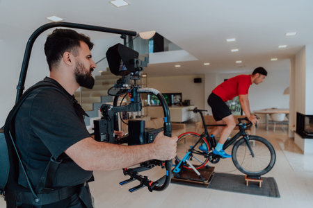 A cameraman filming an athlete riding a triathlon bike on a simulation machine in a modern living...