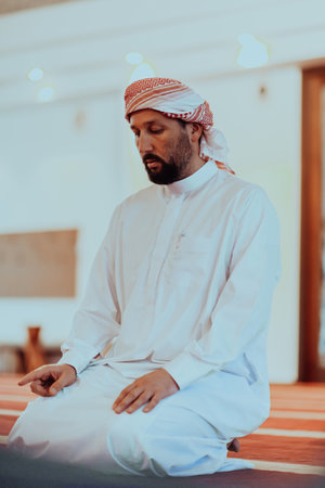 A Muslim praying in a modern mosque during the holy Muslim month of Ramadanの写真素材