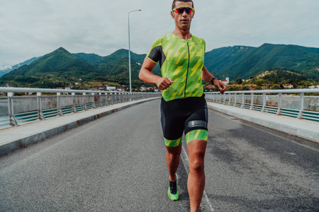 An athlete running a marathon and preparing for his competition. Photo of a marathon runner running...