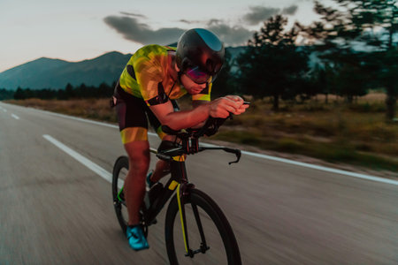 Night drive. Full length portrait of an active triathlete in sportswear and with a protective helmet riding a bicycle in night time.. Selective focusの写真素材