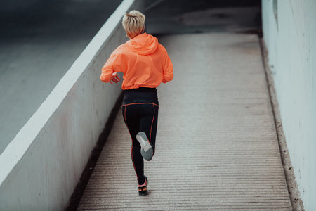Women in sports clothes running in a modern urban environment. The concept of a sporty and healthy...