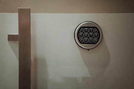 Strongbox steel closed gray safety deposit box with digital combination codeの写真素材