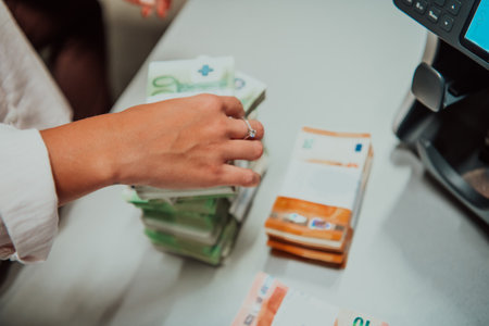 Bank employees using money counting machine while sorting and counting paper banknotes inside bank vault. Large amounts of money in the bankの写真素材