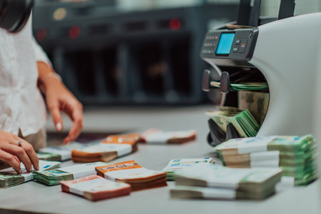 Bank employees using money counting machine while sorting and counting paper banknotes inside bank vault. Large amounts of money in the bankの写真素材