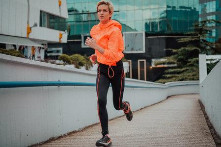 Women in sports clothes running in a modern urban environment. The concept of a sporty and healthy...