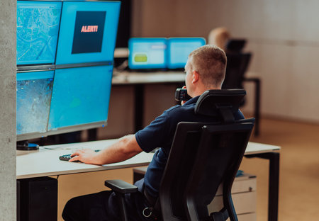 Group of Security data center operators working in a CCTV monitoring room looking on multiple...