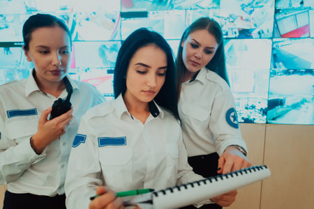 Group portrait of female security operator while working in a data system control room offices Technical Operator Working at workstation with multiple displaysの写真素材