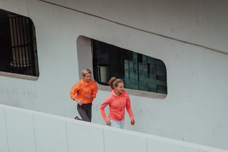 Two women in sports clothes running in a modern urban environment. The concept of a sporty and...