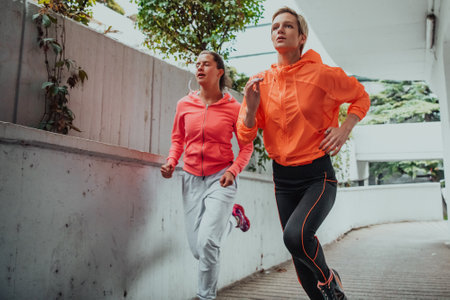 Two women in sports clothes running in a modern urban environment. The concept of a sporty and healthy lifestyleの写真素材