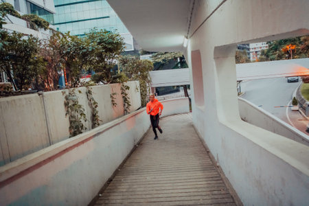 Women in sports clothes running in a modern urban environment et night time. The concept of a sporty and healthy lifestyleの写真素材