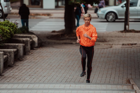 A blonde in a sports outfit is running around the city in an urban environment. The hot blonde maintains a healthy lifestyle.の写真素材