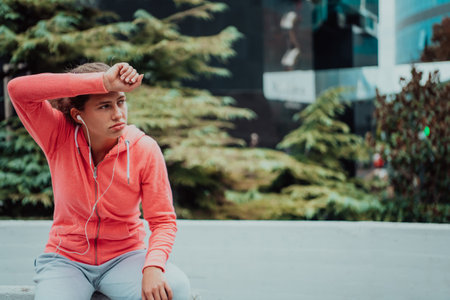 a woman in a sports outfit is resting in a city environment after a hard morning workout while using noiseless headphonesの写真素材