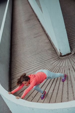Fit attractive woman in sportswear stretching before jogging. Workout, sport, activity, fitness, vacation and training concept.の写真素材