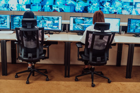 Group of Security data center operators working in a CCTV monitoring room looking on multiple monitors.Officers Monitoring Multiple Screens for Suspicious Activitiesの写真素材