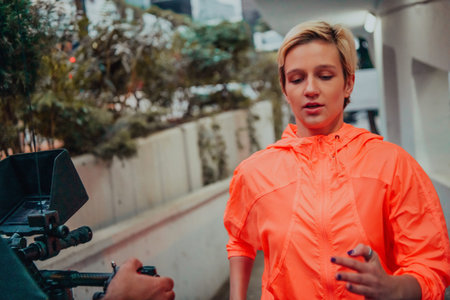 A professional cameraman with equipment and a stabilizer recoding woman for a commercial...