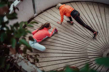 Two women warming up together and preparing for a morning run in an urban environment. Selective...