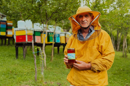 The beekeeper holding a jar of honey in his hand while standing in a meadow surrounded by a box and...