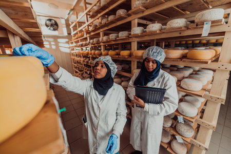 Arab business partners checking the quality of cheese in the industry and enter data into a laptop....