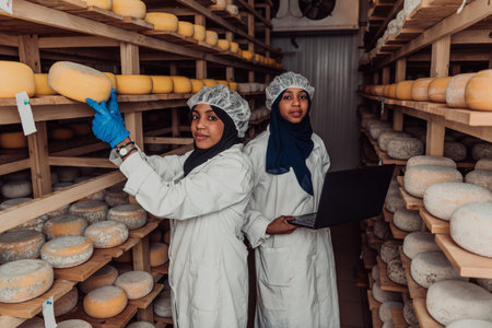 Business of a Muslim partners in a cheese warehouse, checking the quality of cheese and entering...