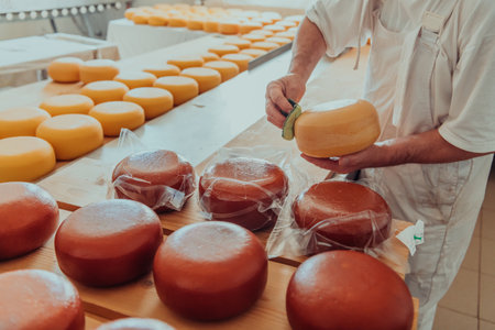 Cheese maker working in the industry for manual production of homemade cheeseの写真素材